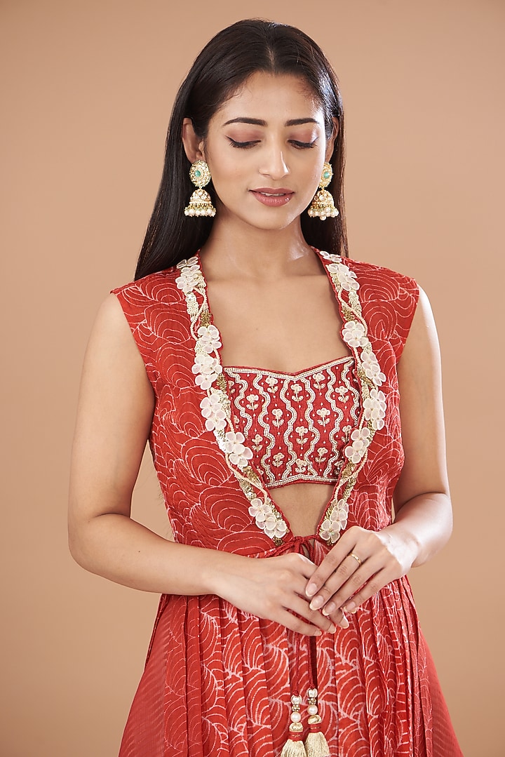 Red Organza & Raw Silk Shibori Jacket Set by Yashodhara at Pernia's Pop Up Shop