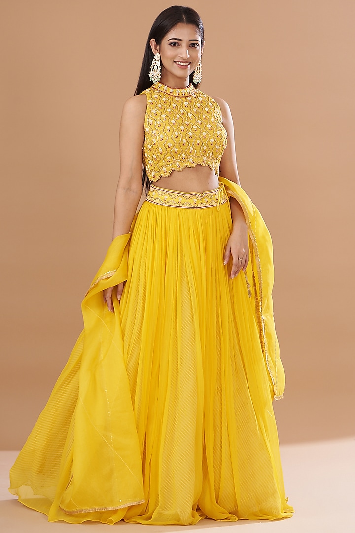 Yellow Organza & Raw Silk Wedding Lehenga Set by Yashodhara at Pernia's Pop Up Shop