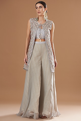 Grey Organza & Raw Silk Embroidered Jacket Set by Yashodhara