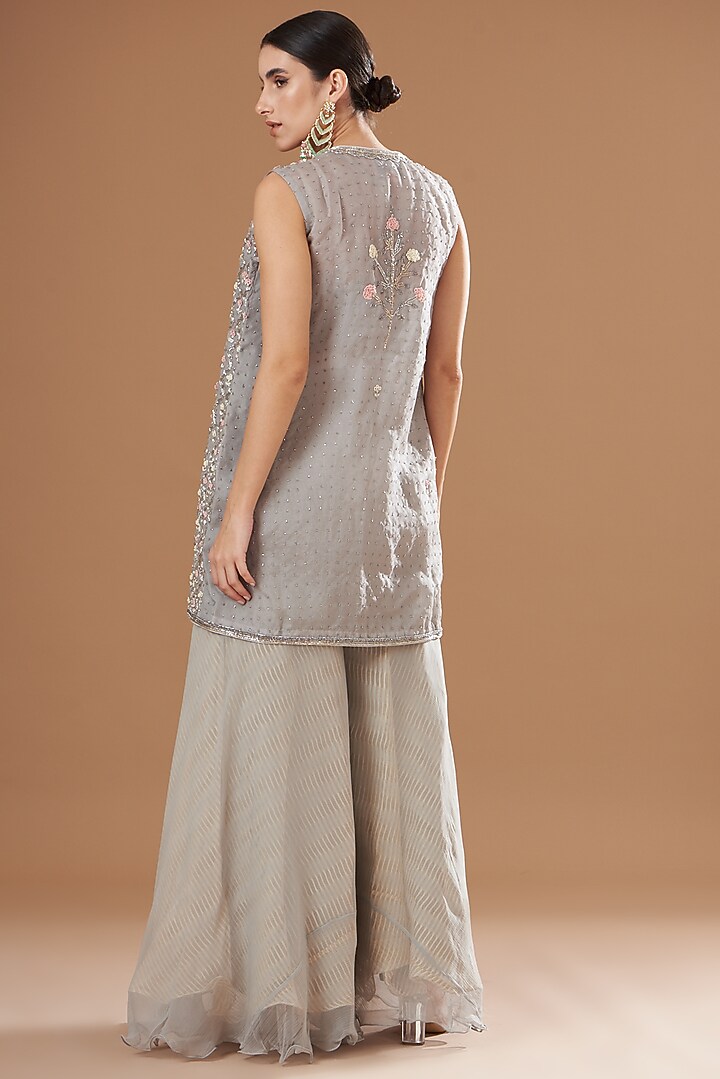 Grey Organza & Raw Silk Embroidered Jacket Set by Yashodhara at Pernia's Pop Up Shop