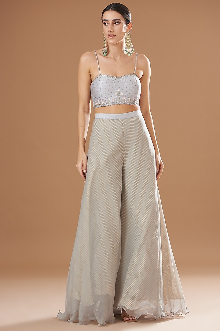 Grey Organza & Raw Silk Embroidered Jacket Set by Yashodhara at Pernia's Pop Up Shop
