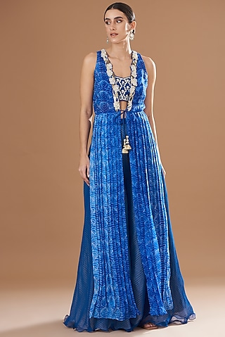Blue Shibori Printed Jacket Set by Yashodhara