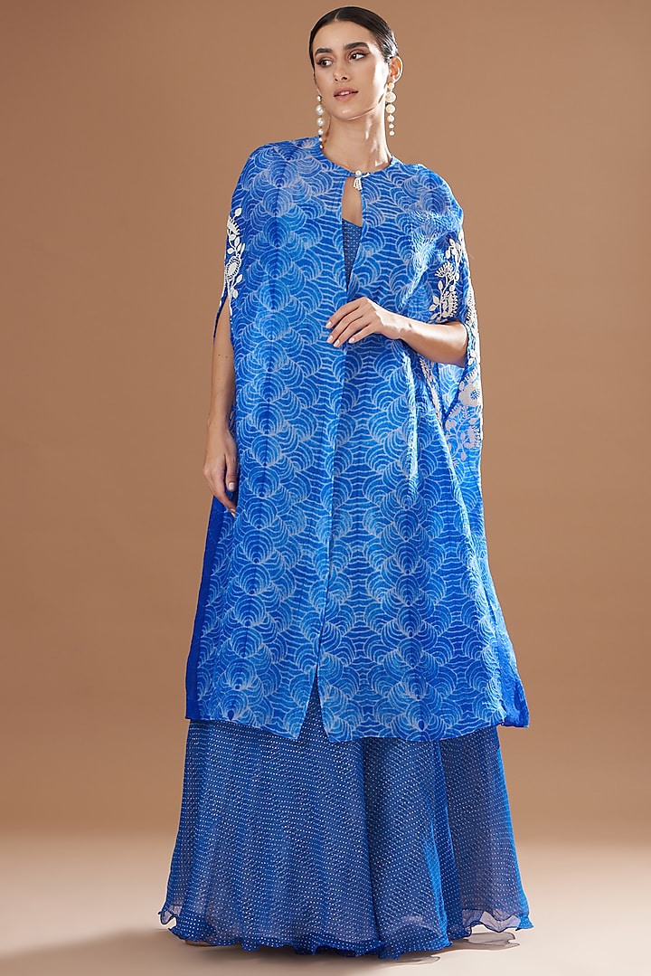 Blue Organza & Chiffon Embroidered Jumpsuit With Cape by Yashodhara