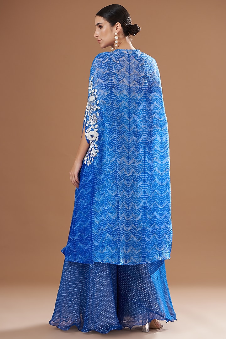 Blue Organza & Chiffon Embroidered Jumpsuit With Cape by Yashodhara at Pernia's Pop Up Shop