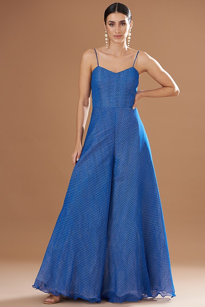 Blue Organza & Chiffon Embroidered Jumpsuit With Cape by Yashodhara at Pernia's Pop Up Shop
