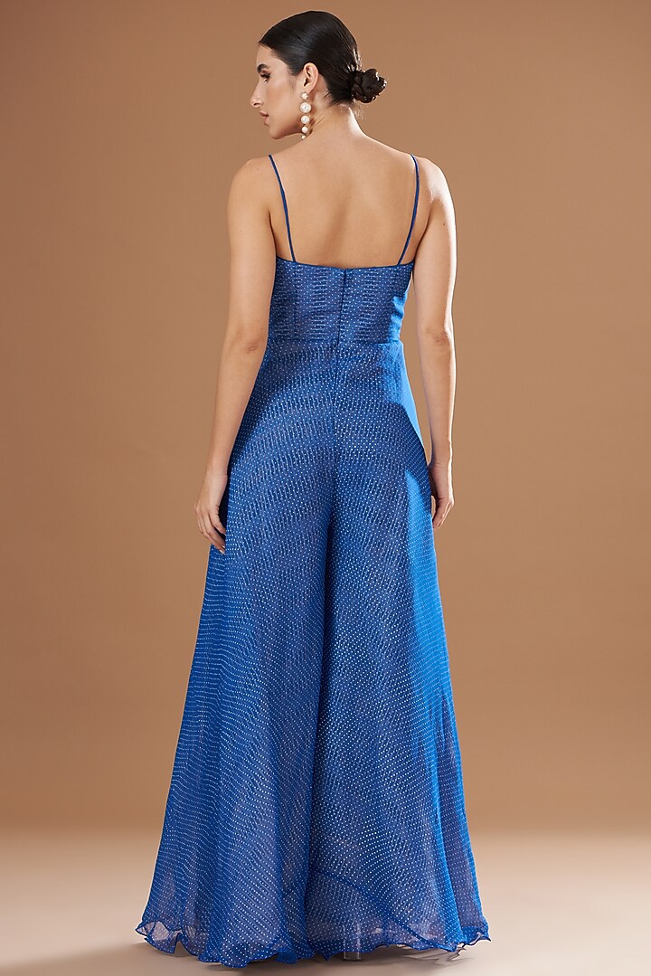 Blue Organza & Chiffon Embroidered Jumpsuit With Cape by Yashodhara at Pernia's Pop Up Shop