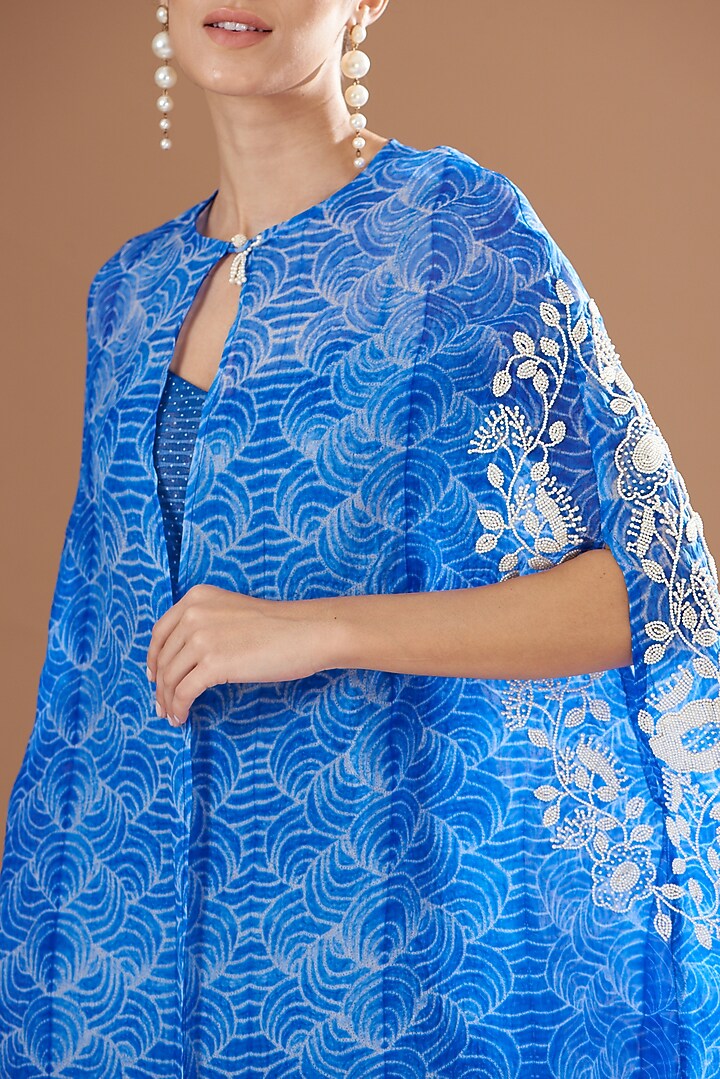 Blue Organza & Chiffon Embroidered Jumpsuit With Cape by Yashodhara at Pernia's Pop Up Shop