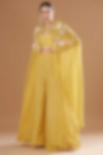 Yellow Organza & Raw Silk Embroidered Cape Set by Yashodhara at Pernia's Pop Up Shop