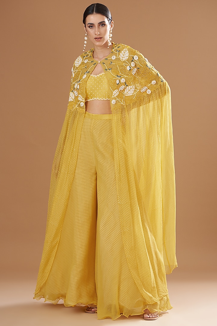 Yellow Organza & Raw Silk Embroidered Cape Set by Yashodhara at Pernia's Pop Up Shop