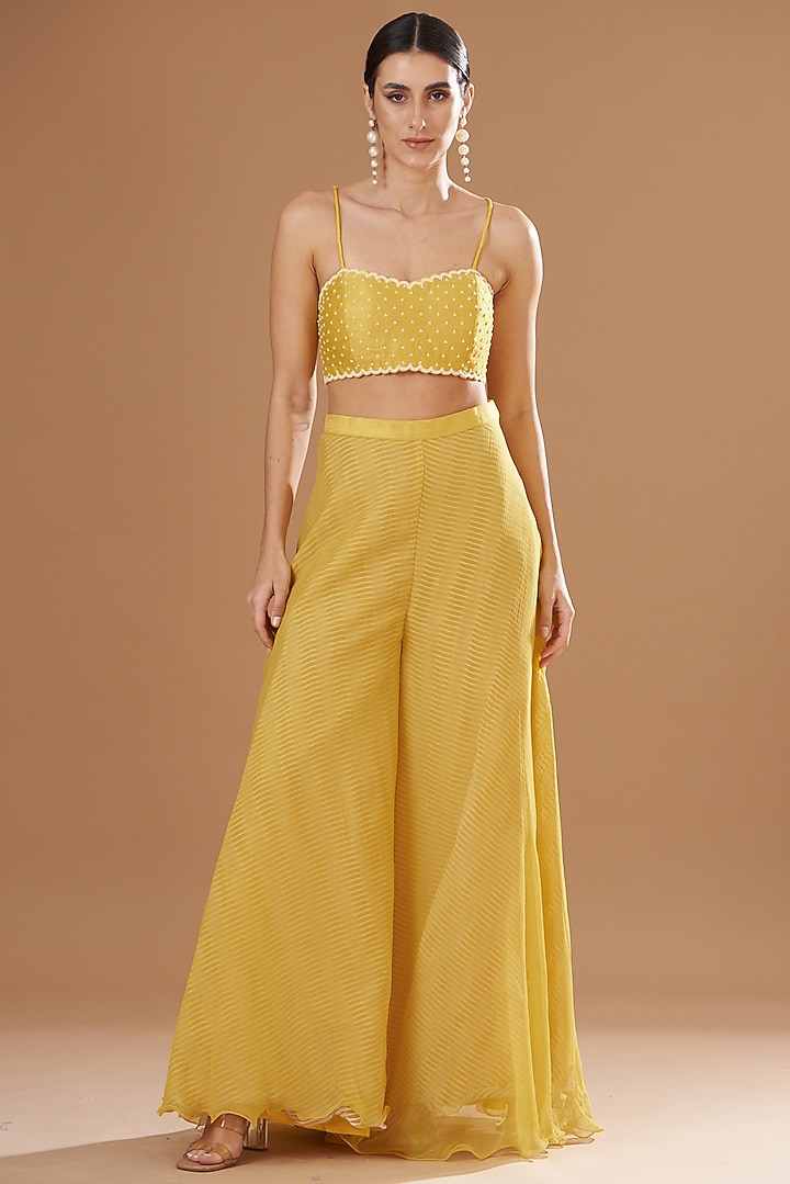 Yellow Organza & Raw Silk Embroidered Cape Set by Yashodhara at Pernia's Pop Up Shop
