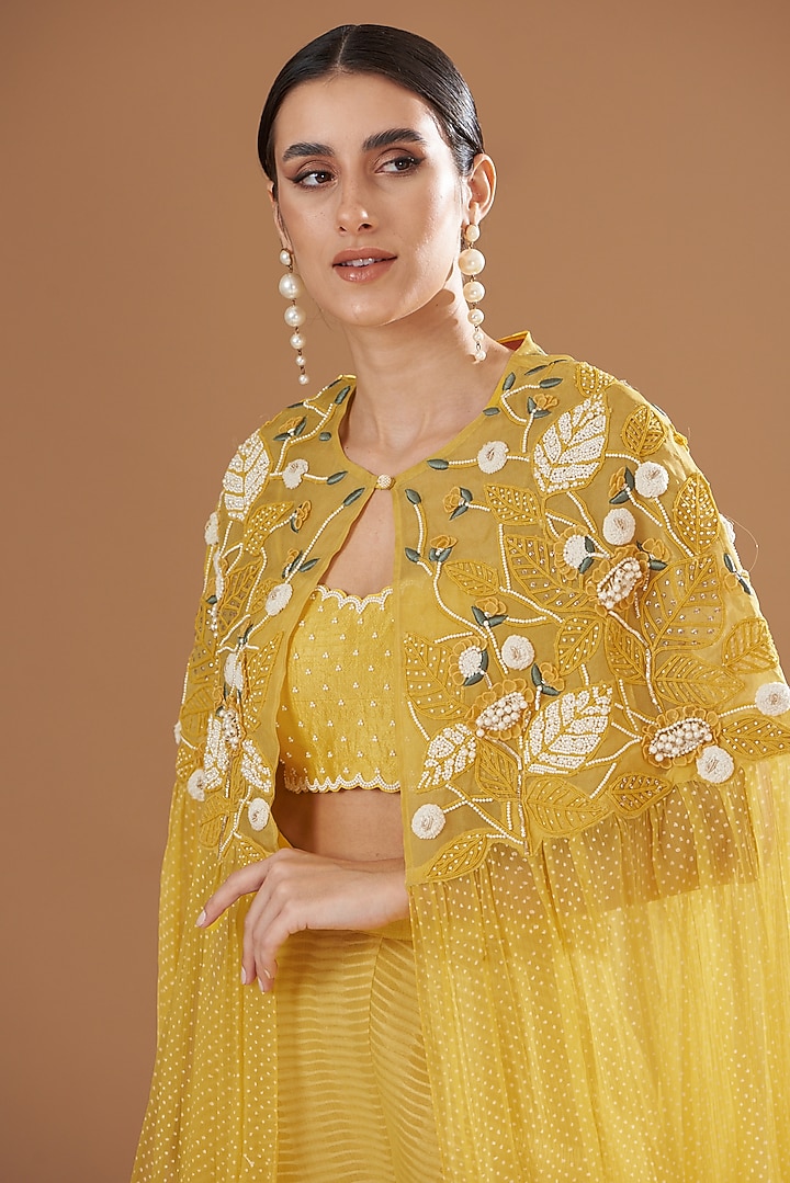 Yellow Organza & Raw Silk Embroidered Cape Set by Yashodhara at Pernia's Pop Up Shop