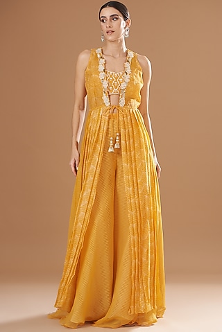 Yellow Shibori Jacket Set by Yashodhara