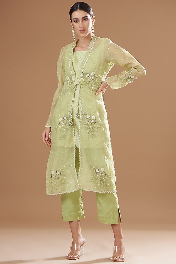 Jade Green Organza & Raw Silk Embroidered Jacket Set by Yashodhara