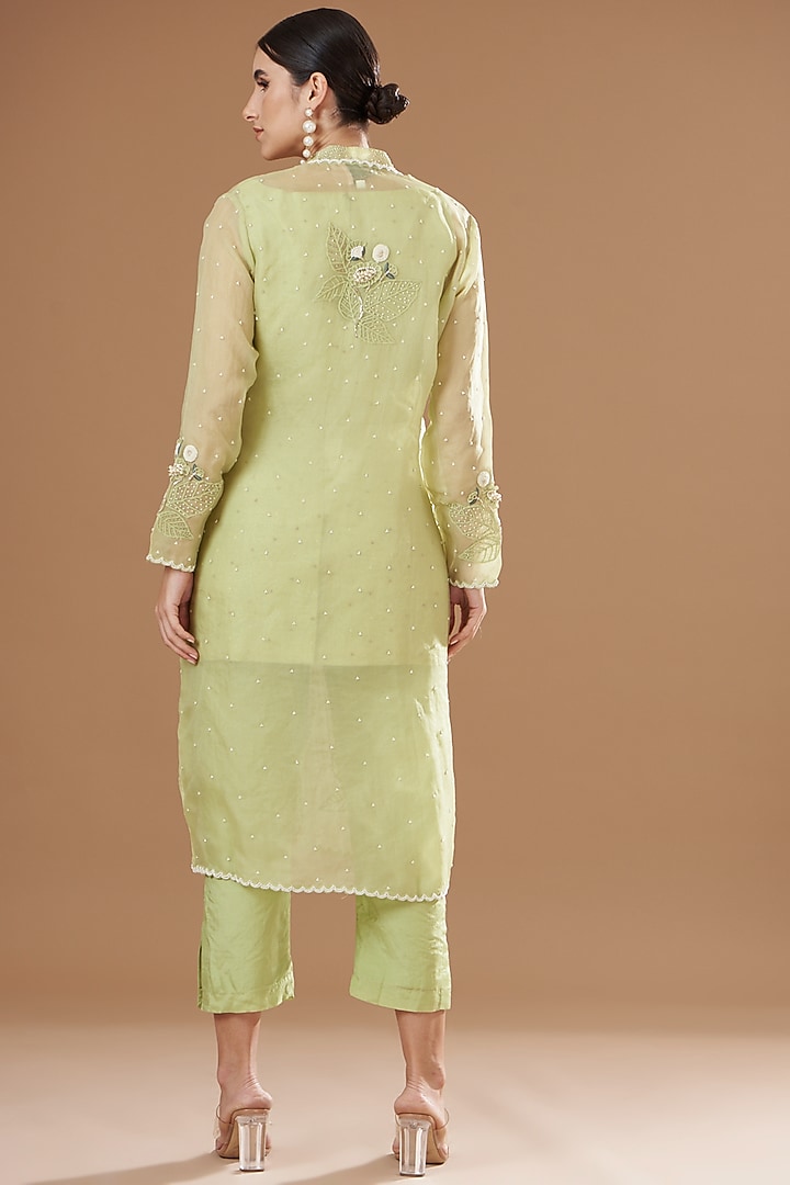 Jade Green Organza & Raw Silk Embroidered Jacket Set by Yashodhara at Pernia's Pop Up Shop
