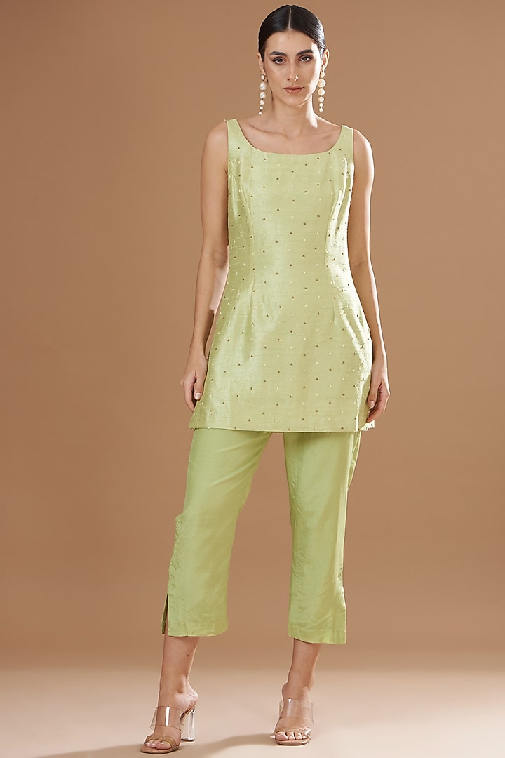Jade Green Organza & Raw Silk Embroidered Jacket Set by Yashodhara at Pernia's Pop Up Shop