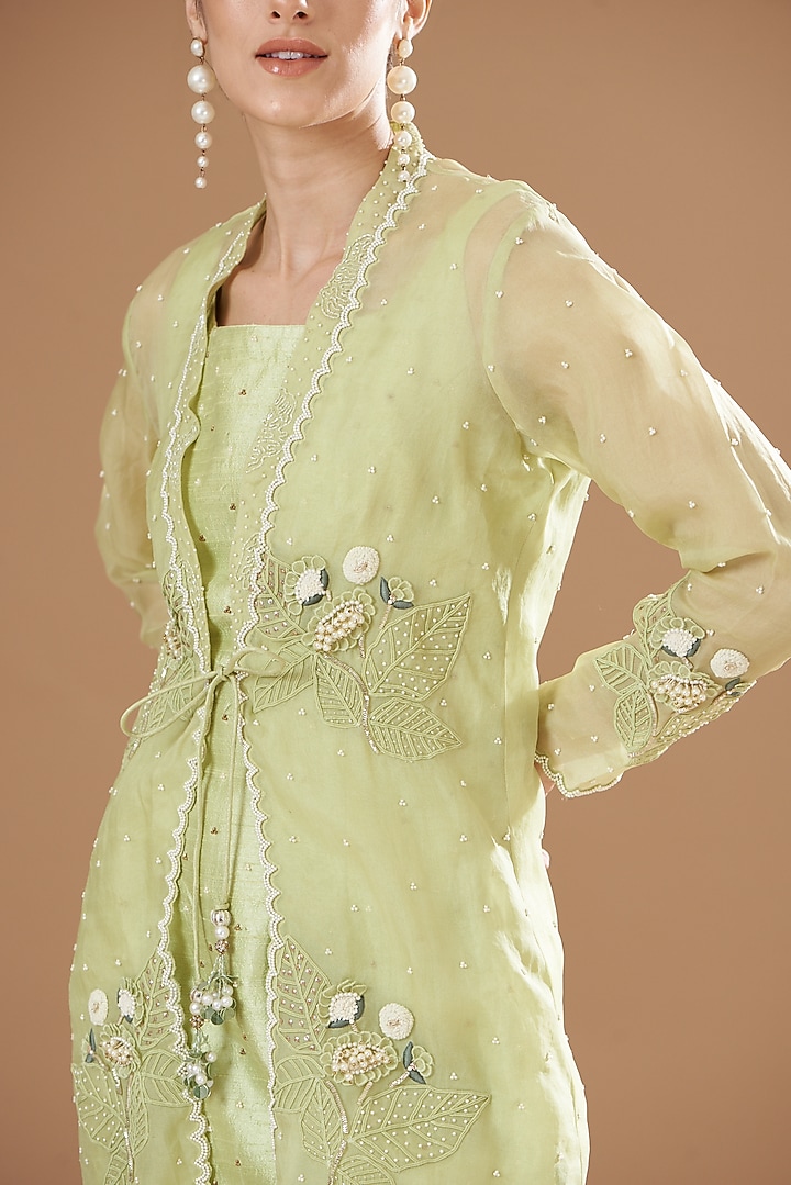 Jade Green Organza & Raw Silk Embroidered Jacket Set by Yashodhara at Pernia's Pop Up Shop