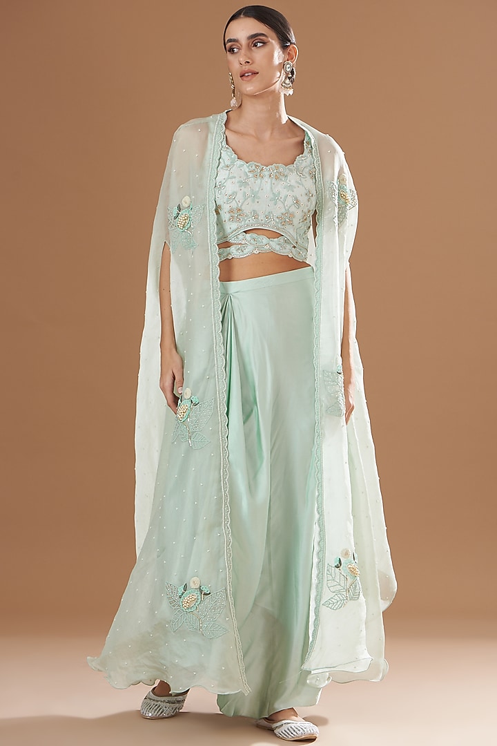 Aqua Blue Organza & Raw Silk Draped Skirt Set by Yashodhara at Pernia's Pop Up Shop