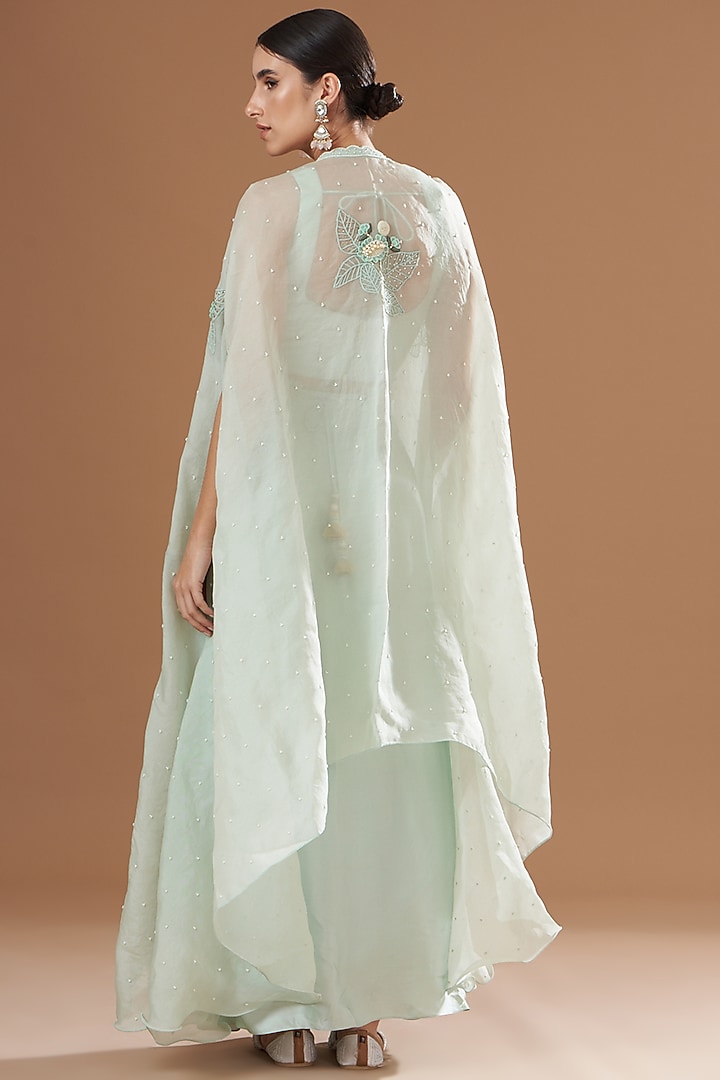 Aqua Blue Organza & Raw Silk Draped Skirt Set by Yashodhara at Pernia's Pop Up Shop