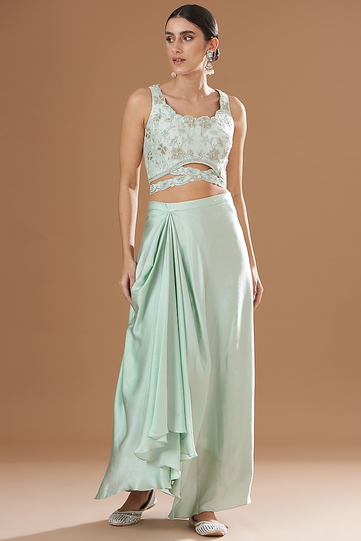 Aqua Blue Organza & Raw Silk Draped Skirt Set by Yashodhara at Pernia's Pop Up Shop