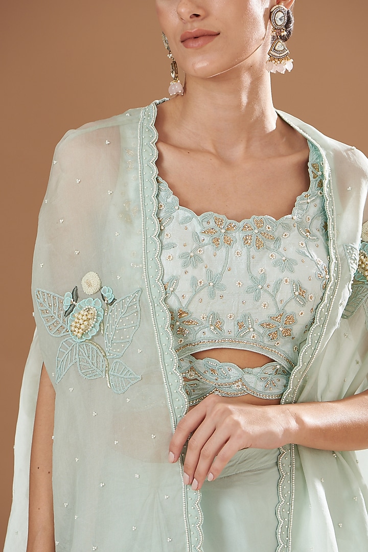 Aqua Blue Organza & Raw Silk Draped Skirt Set by Yashodhara at Pernia's Pop Up Shop