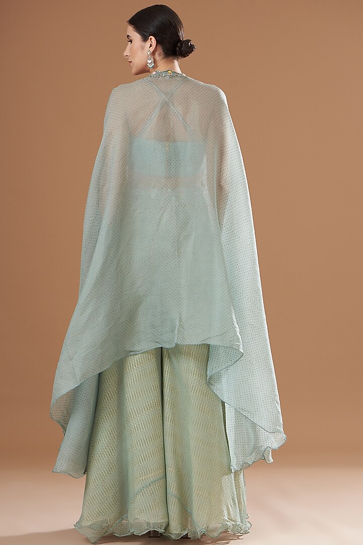 Teal Green Organza & Raw Silk Embroidered Cape Set by Yashodhara at Pernia's Pop Up Shop