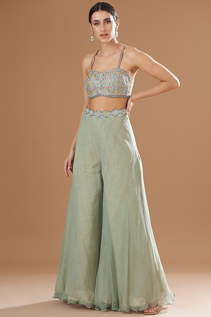 Teal Green Organza & Raw Silk Embroidered Cape Set by Yashodhara at Pernia's Pop Up Shop