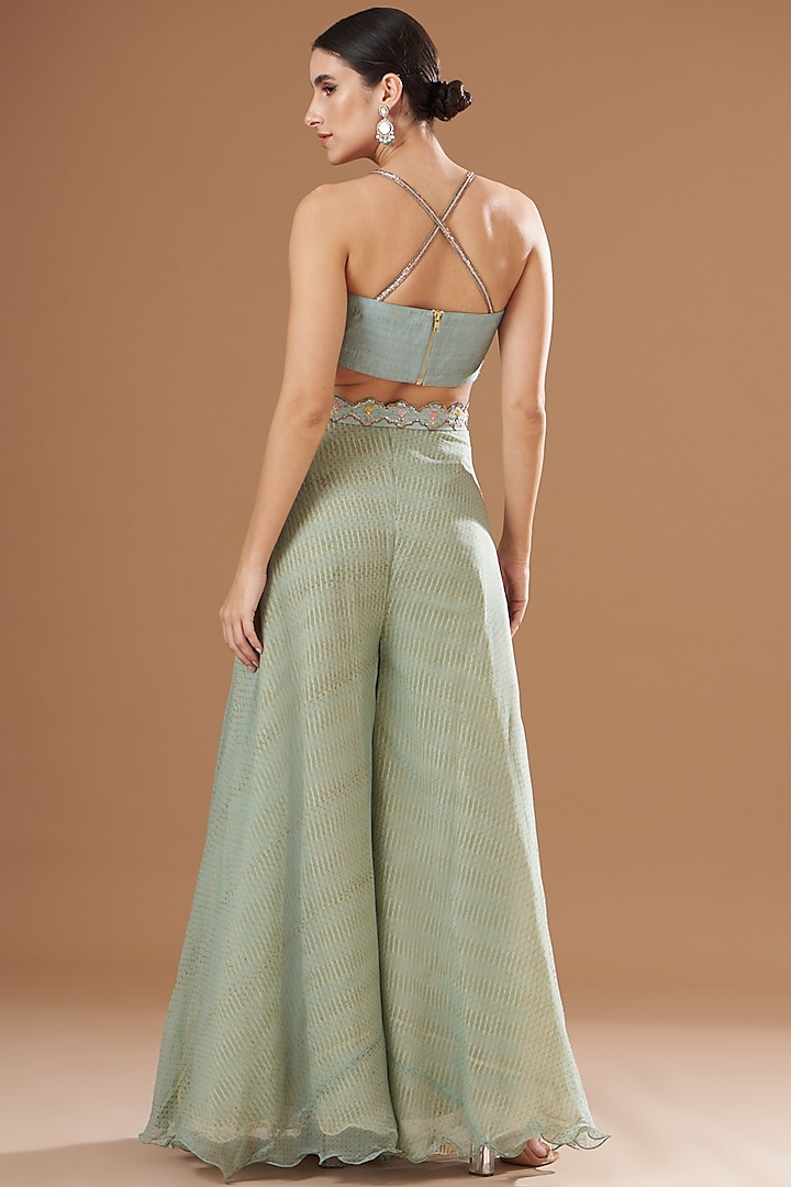 Teal Green Organza & Raw Silk Embroidered Cape Set by Yashodhara at Pernia's Pop Up Shop