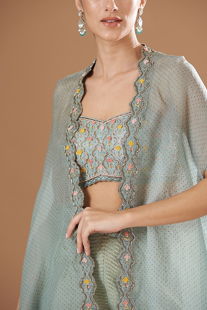 Teal Green Organza & Raw Silk Embroidered Cape Set by Yashodhara at Pernia's Pop Up Shop