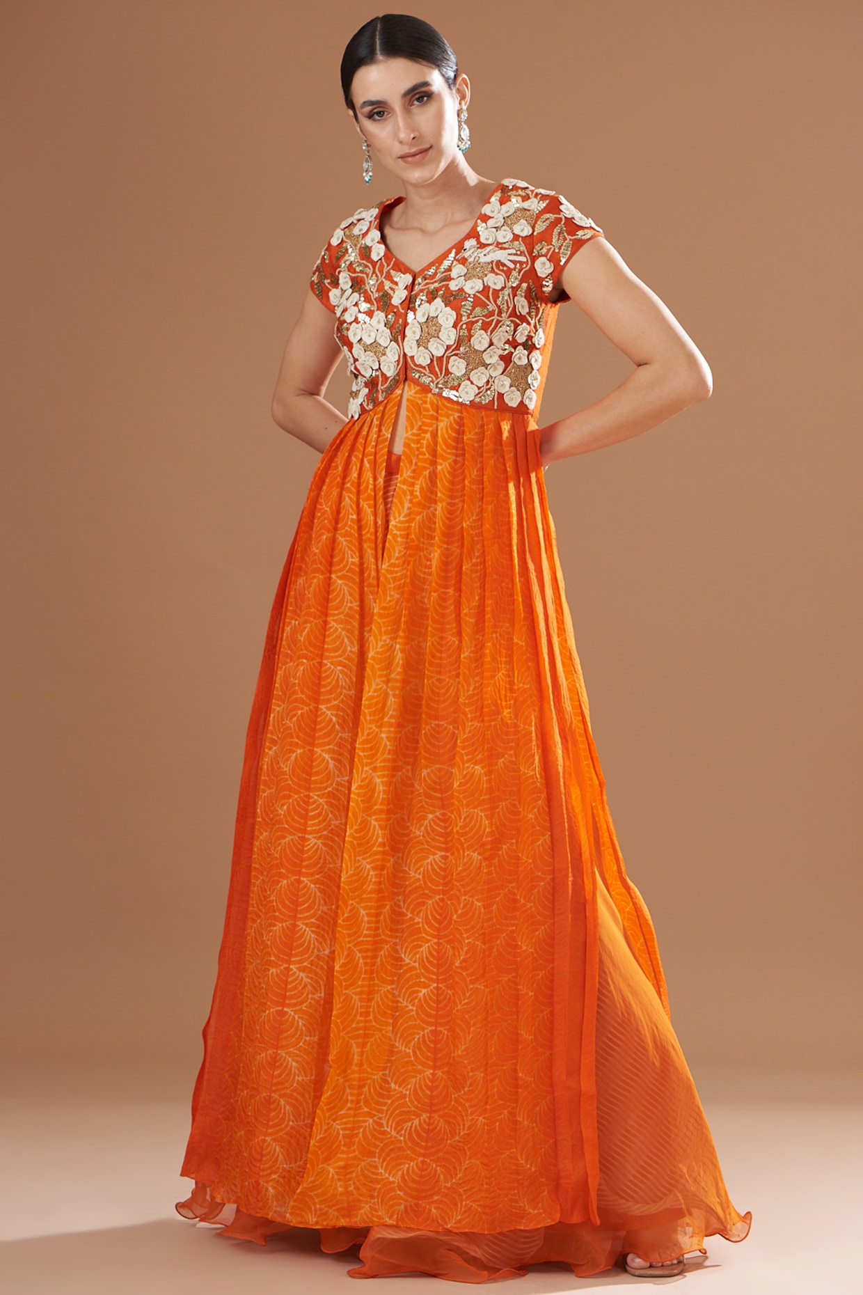 Orange Full Long Dress With Off White Self Chinon Chiffon Dupatta – Aman  Sandhu Boutique