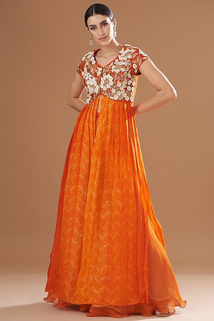 Orange Shibori Embroidered Wedding Anarkali Set by Yashodhara at Pernia's Pop Up Shop