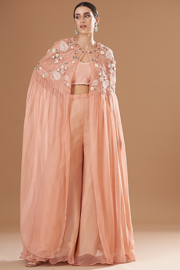 Peach Organza & Raw Silk Embroidered Cape Set by Yashodhara at Pernia's Pop Up Shop