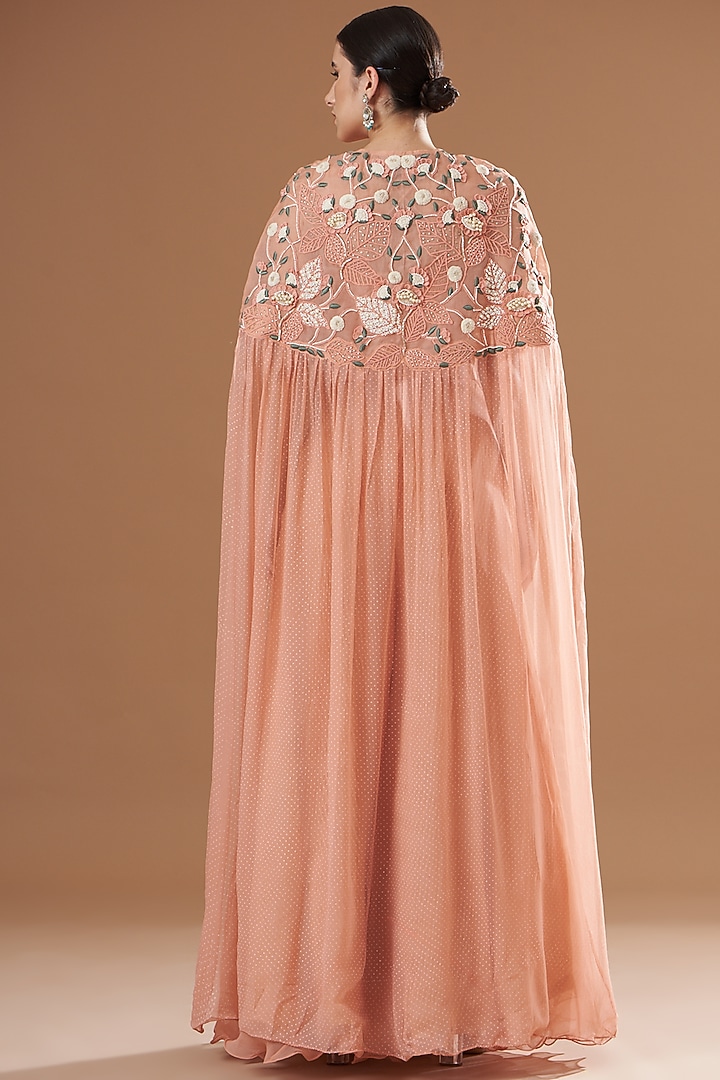 Peach Organza & Raw Silk Embroidered Cape Set by Yashodhara at Pernia's Pop Up Shop