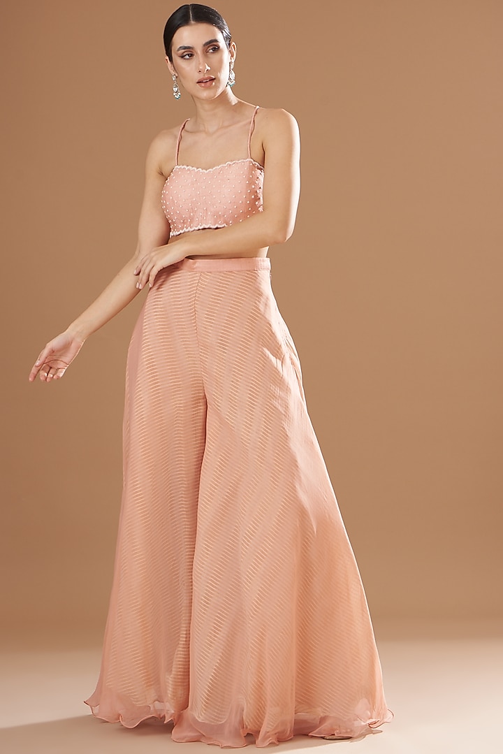 Peach Organza & Raw Silk Embroidered Cape Set by Yashodhara at Pernia's Pop Up Shop