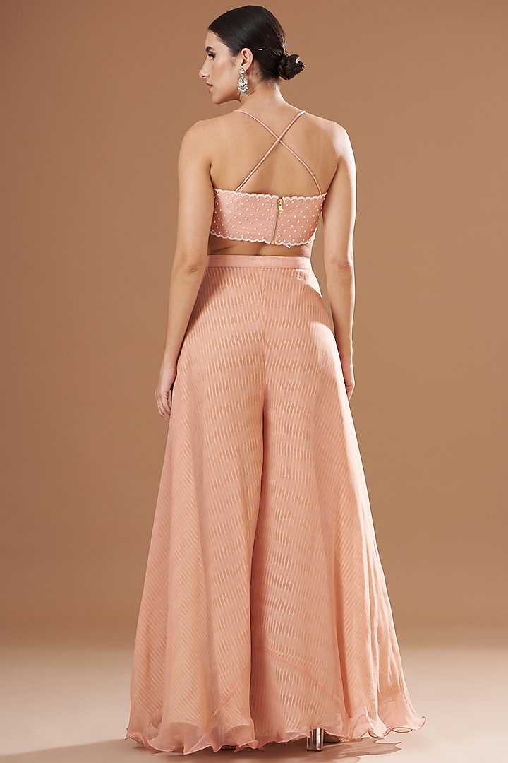 Peach Organza & Raw Silk Embroidered Cape Set by Yashodhara at Pernia's Pop Up Shop