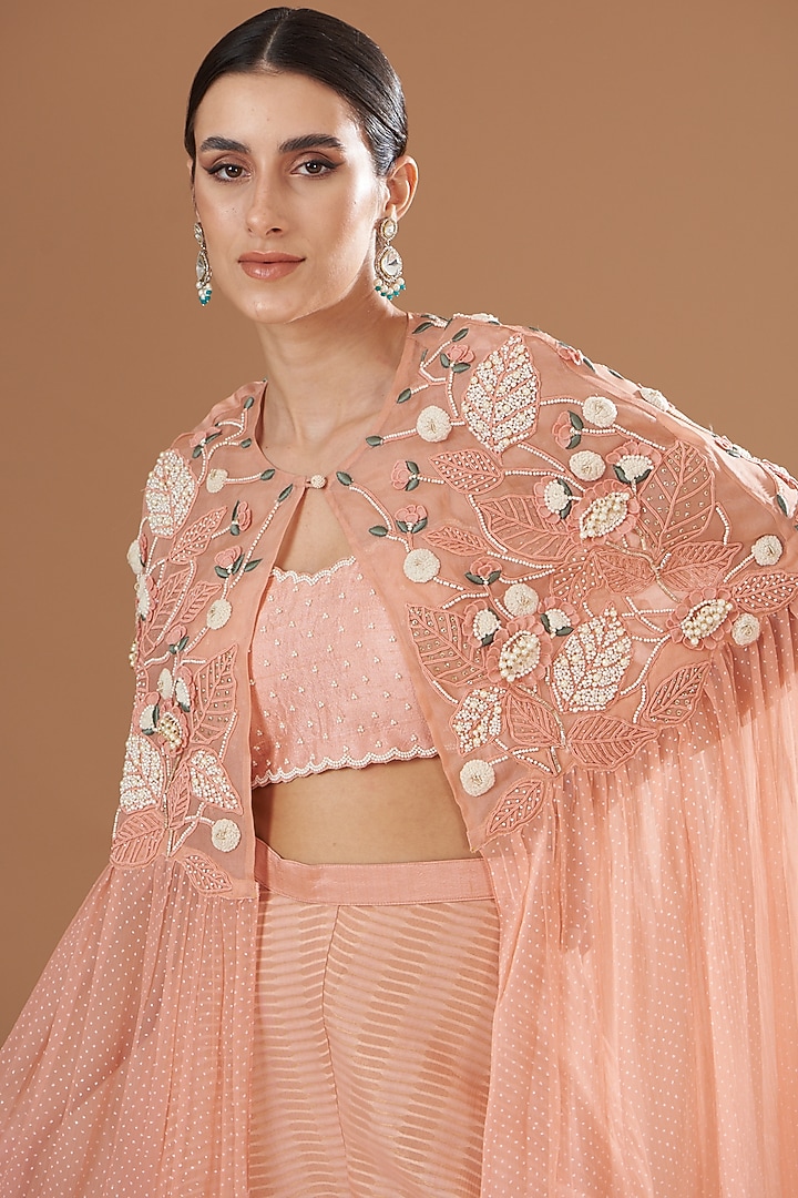 Peach Organza & Raw Silk Embroidered Cape Set by Yashodhara at Pernia's Pop Up Shop