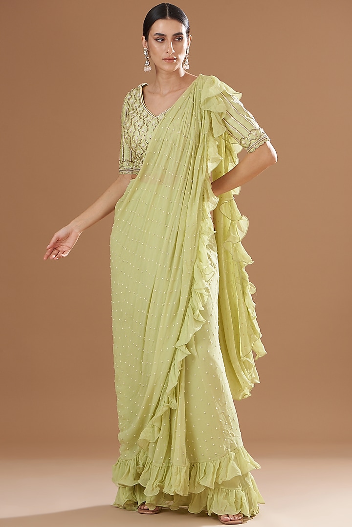 Jade Green Raw Silk Saree Set by Yashodhara