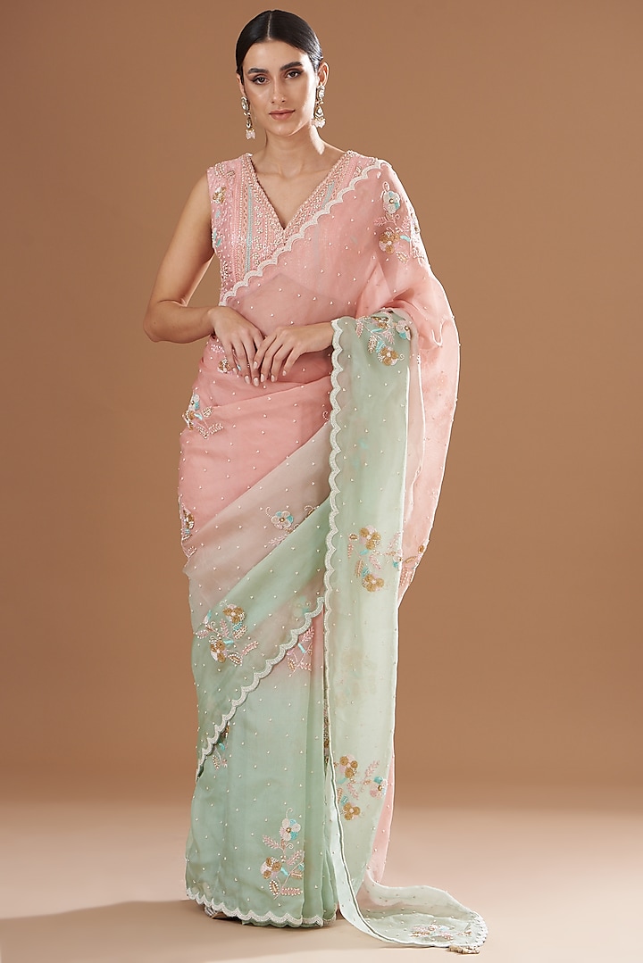 Pink Shaded Organza Saree Set by Yashodhara