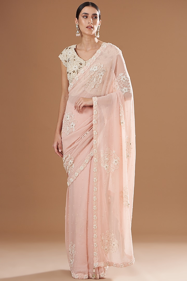 Pink Chiffon Saree Set by Yashodhara