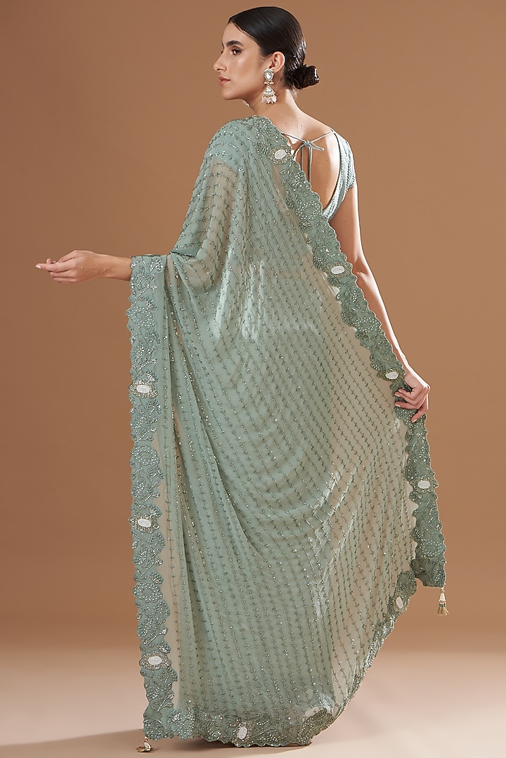 Teal Green Chiffon Reception Saree Set by Yashodhara at Pernia's Pop Up Shop
