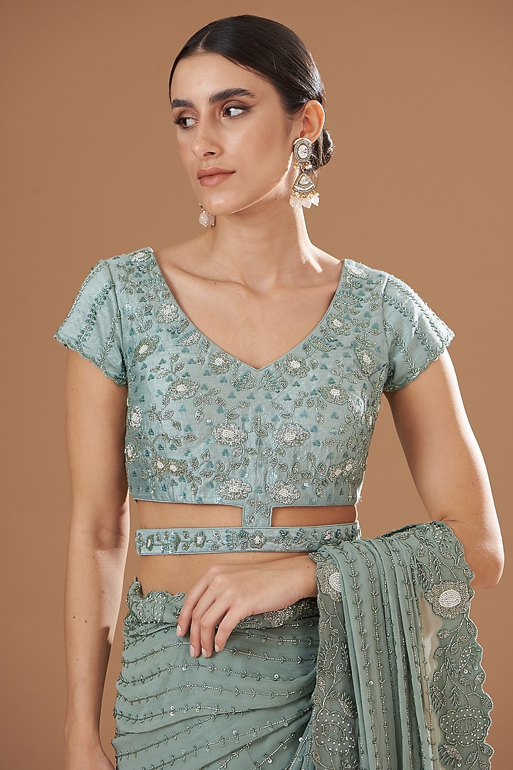 Teal Green Chiffon Reception Saree Set by Yashodhara at Pernia's Pop Up Shop