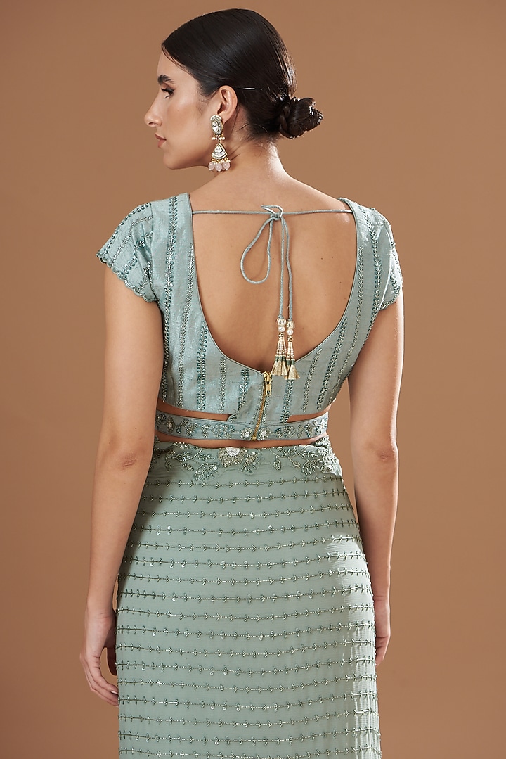 Teal Green Chiffon Reception Saree Set by Yashodhara at Pernia's Pop Up Shop