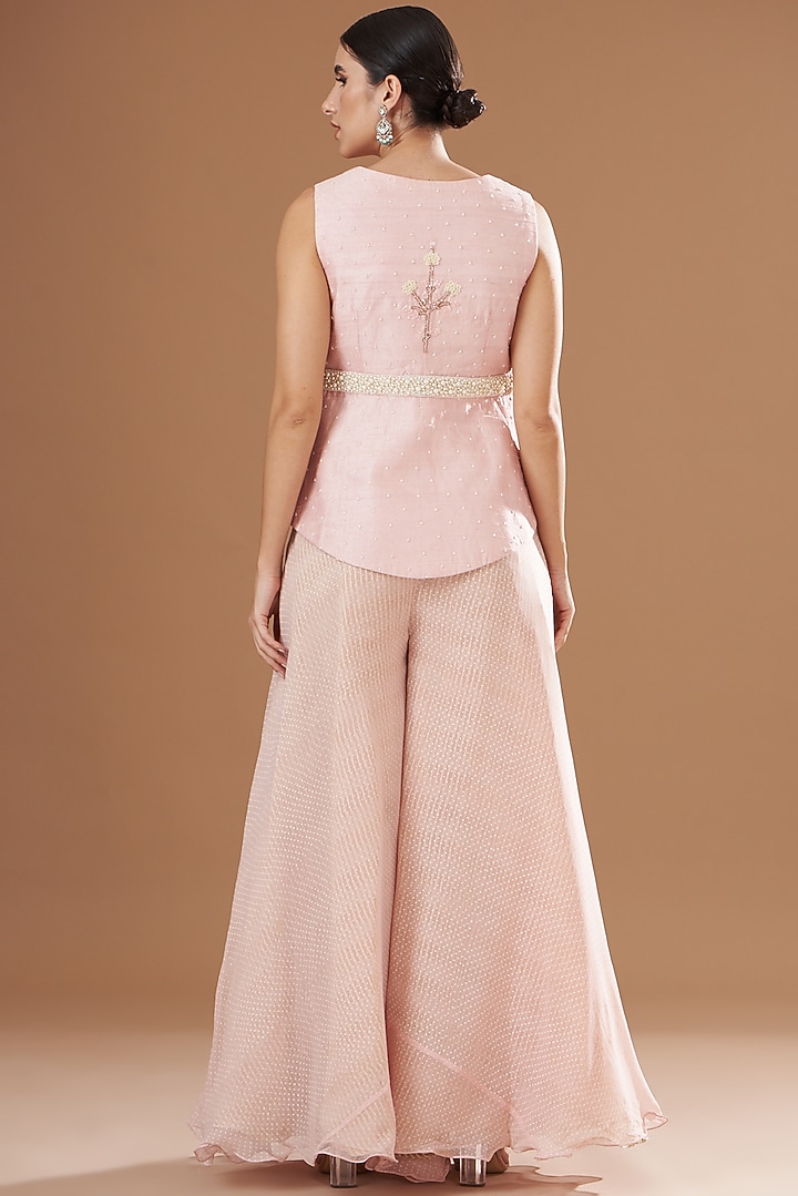 Pink Raw Silk Embroidered Peplum Jacket Set by Yashodhara at Pernia's Pop Up Shop