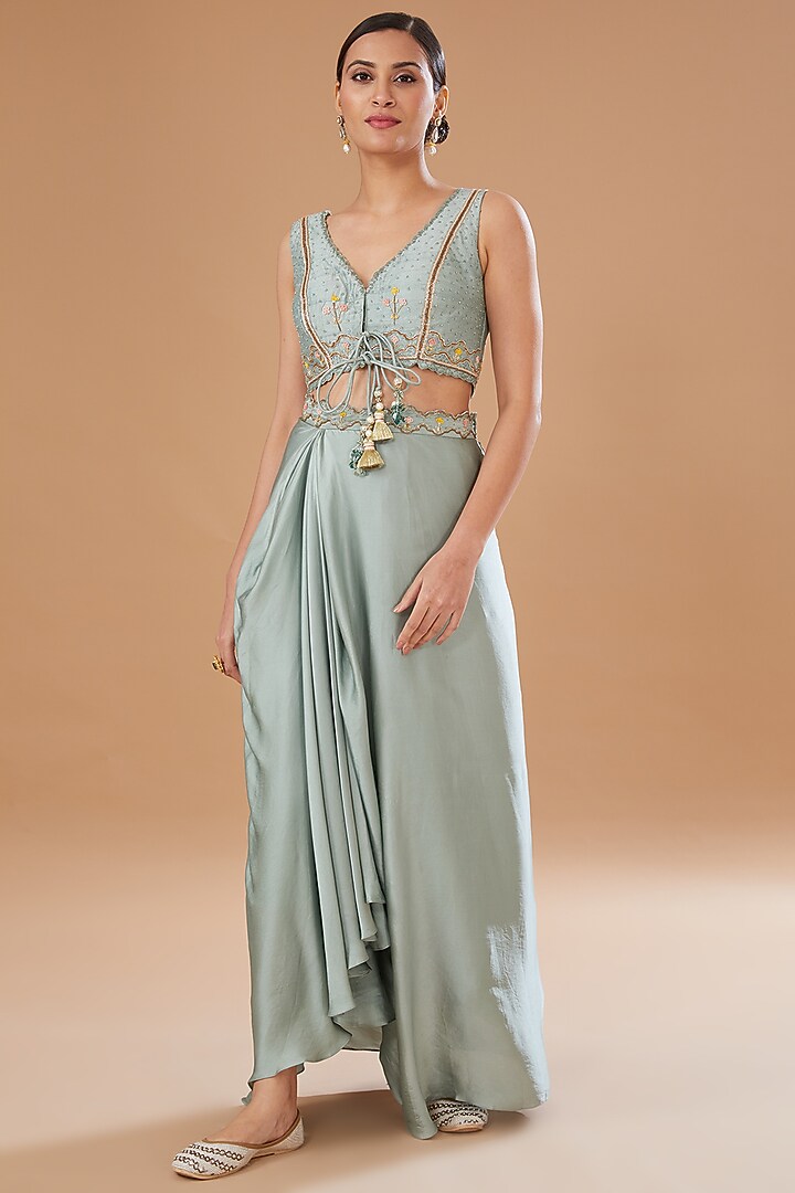 Grey Raw Silk & Organza Draped Skirt Set by Yashodhara at Pernia's Pop Up Shop