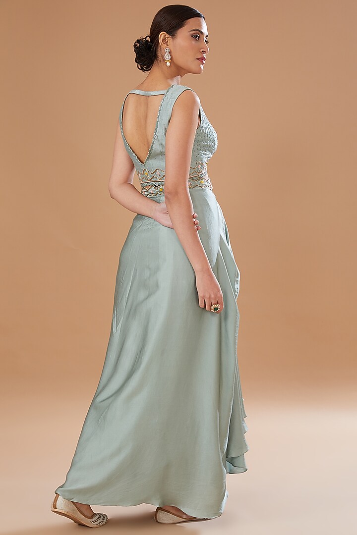 Grey Raw Silk & Organza Draped Skirt Set by Yashodhara at Pernia's Pop Up Shop