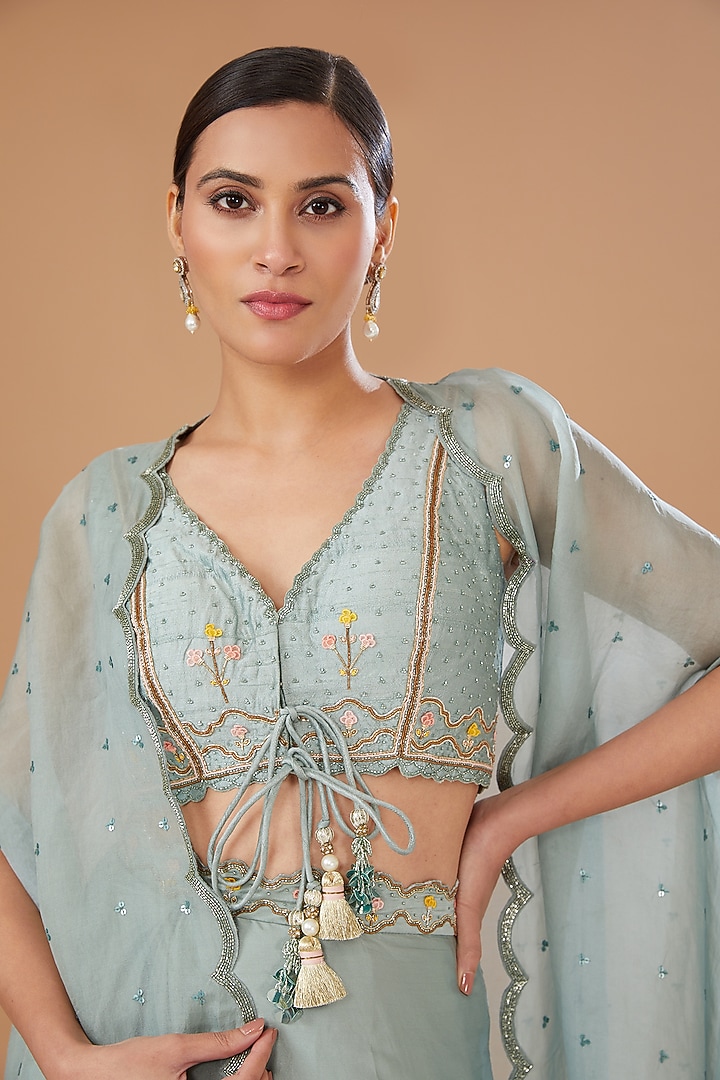 Grey Raw Silk & Organza Draped Skirt Set by Yashodhara at Pernia's Pop Up Shop