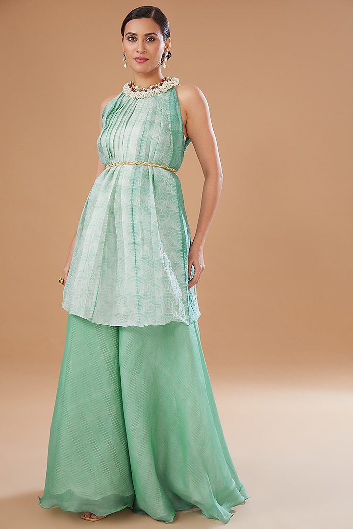 Eco Green Organza Shibori Embroidered High Neck Kurta Set by Yashodhara at Pernia's Pop Up Shop