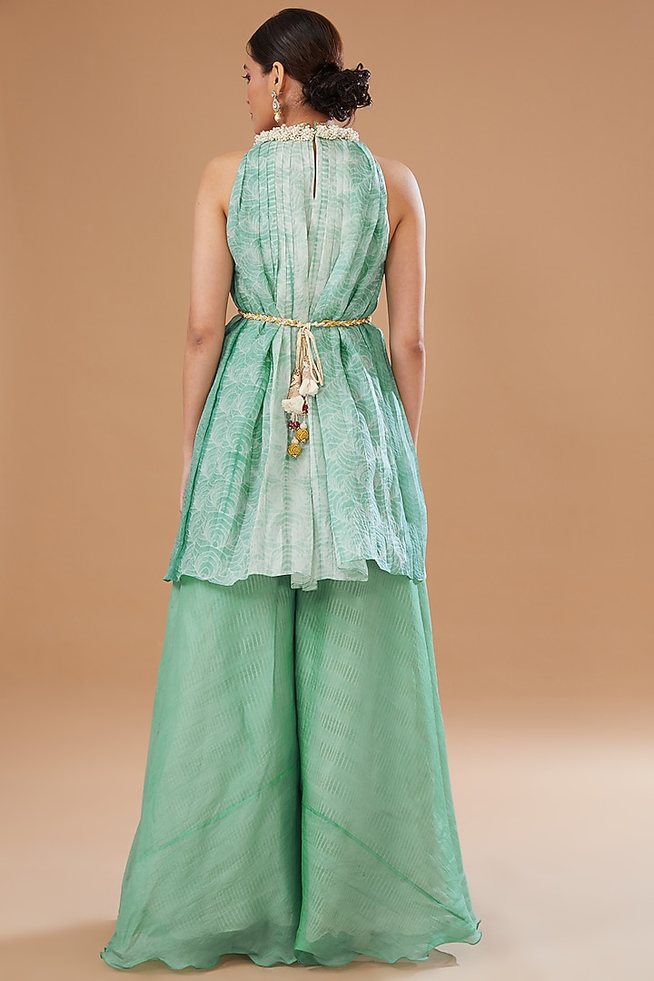 Eco Green Organza Shibori Embroidered High Neck Kurta Set by Yashodhara at Pernia's Pop Up Shop
