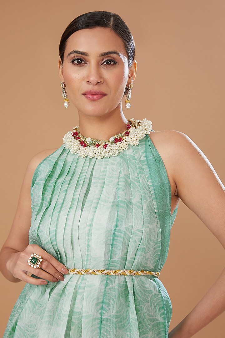 Eco Green Organza Shibori Embroidered High Neck Kurta Set by Yashodhara at Pernia's Pop Up Shop