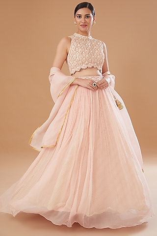 Pink Organza & Raw Silk Embroidered Lehenga Set by Yashodhara