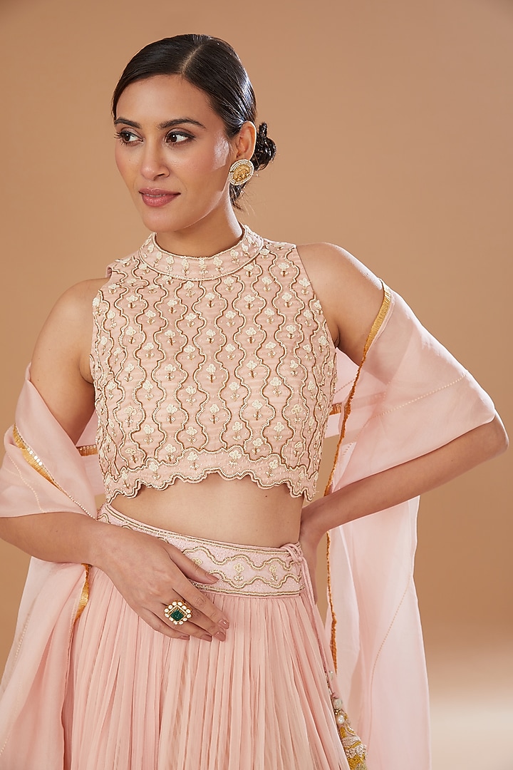 Pink Organza & Raw Silk Embroidered Wedding Lehenga Set by Yashodhara at Pernia's Pop Up Shop